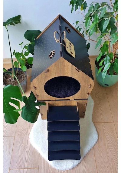 Xxl Teraslı Dubleks Ahşap Kedi Evi Büyük Demonte Mdf Kedi Evi Kemençe - Siyah