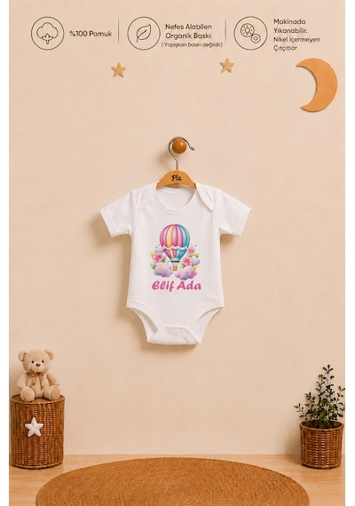 Pia Baby İsme Özel Kız Bebek Hediyesi 2'li %100 Pamuk Organik Baskılı Çıtçıtlı Body Zıbın Ve Ham Bez Kıyafet Kesesi 1049b2k9x Ekru