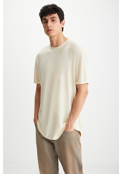 Grimelange Oscar Erkek Comfort Fit Uzun Dökümlü Kumaş Vanilya T-shirt Vanilya