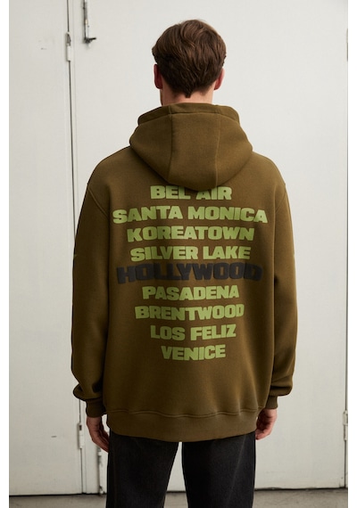 Grimelange Tuxon Erkek Yumuşacık İçi Polarlı Baskı Detaylı Kangru Cepli Regular Haki Sweatshirt Haki