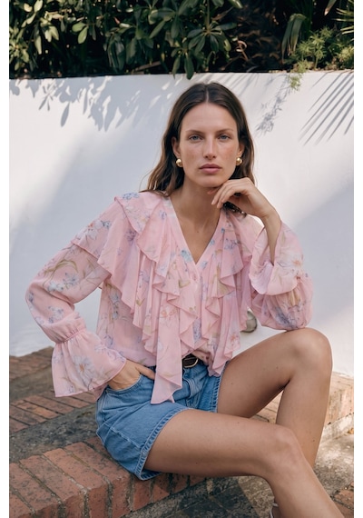 Sateen Fırfır Detaylı Desenli Gömlek - Pembe-137787