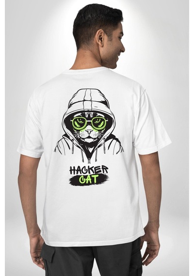 Hacker Kedi Bilgisayar Korsanı Yeşil Gözlük Beyaz Oversize Unisex Ön Ve Sırt Baskılı Tişört Beyaz