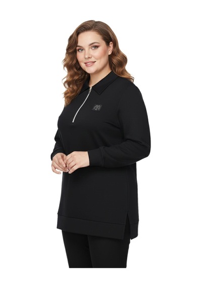 Caftan Kadın Polo Yakalı Önü Fermuarlı Bluz Bgl-st05088 Siyah