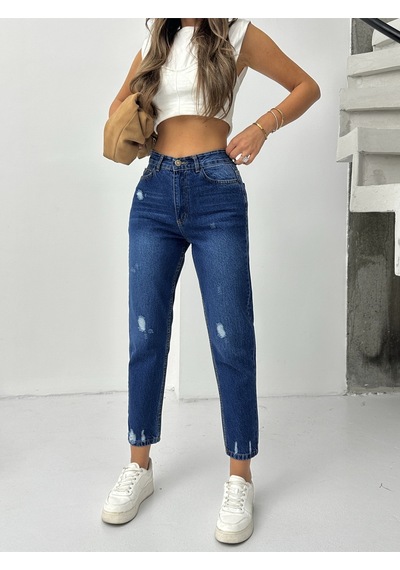 Blue Marlın Kadın Lacivert İşlemli Mom Jeans Lacivert