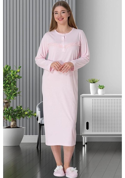 Mecit Pijama Mecit 5824 Bayan Pembe Büyük Beden Uzun Kollu Gecelik 001