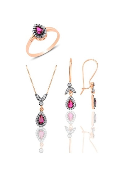 Gümüş Rose Kök Yakut Taşlı Damla Üçlü Set
