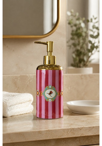 Piraye Porselen Love Birds Sıvı Sabunluk Altın Renkli Dekoratif Banyo Ve Mutfak Aksesuarı , 20 X 7 Cm Pembe - Kırmızı