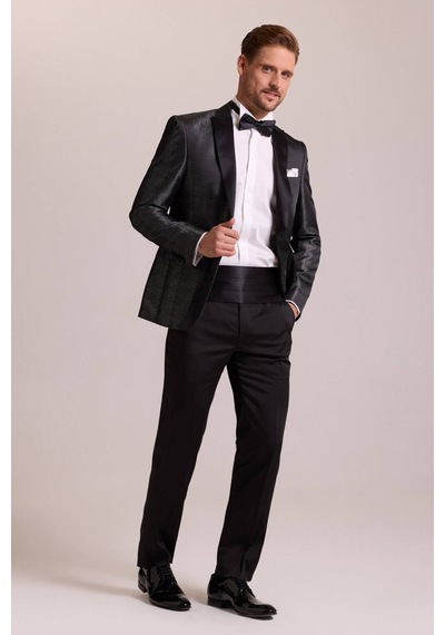 Ysf Erkek Siyah Slim Fit Kırlangıç Yaka Desenli Damatlık