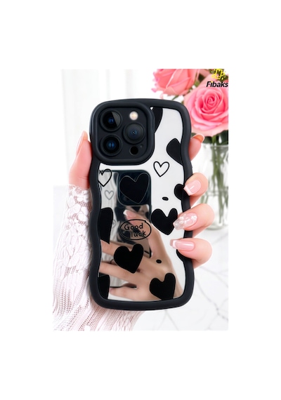 Fibaks iPhone 14 Pro Max Uyumlu Kılıf Aynalı Kalp Desenli Yumuşak Kenarlı Kamera Korumalı Silikon Kapak