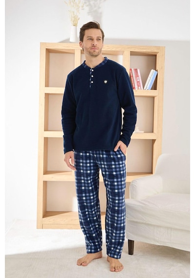 Pijamoni Erkek Düğme Yaka Kışlık Polar Pijama Takımı 6100/8,1 - 1 Adet Lacivert