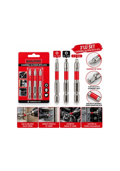 Emvpro Emv-5694 3'lü Kademeli Alyan Bits Ucu Seti 65 Mm