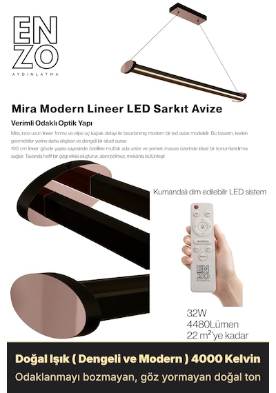 Mira Rose Gold Lineer Led Sarkıt Avize Kumandalı Dim Edilebilir Aşağı Işık Doğal Işık