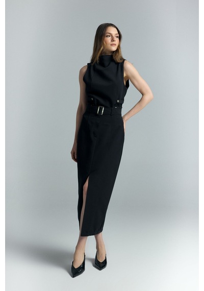 Sateen Jessi Yırtmaçlı Etek - Siyah-137284