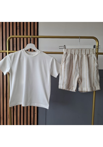 Sy Store Erkek Çocuk Çizgili Keten Şort Ve Basic Tişört Takımı Beyaz-bej