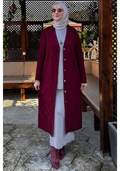 Rabia Şamlı Dama Desenli Triko Hırka Bordo Çok Renkli