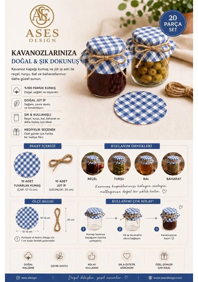 Mavi Pötikare Kavanoz Kapağı Süsleme Seti 20 Parça 10 Kumaş 10 Jüt İp