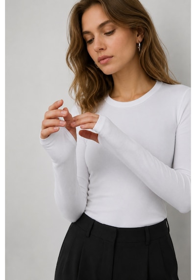 Luminur Uzun Kol Parmak Detaylı Sıfır Yaka Body Beyaz