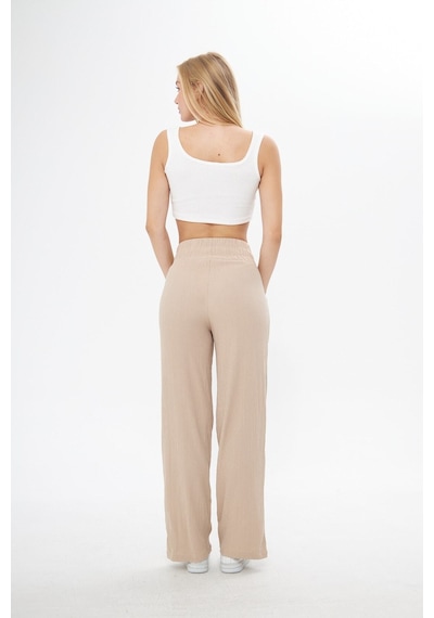 Thiff Gymwear Siyah Beli Lastikli Bol Paça Çift Cepli Yüksek Bel Bürümcük Örme Kadın Pantolon Bej