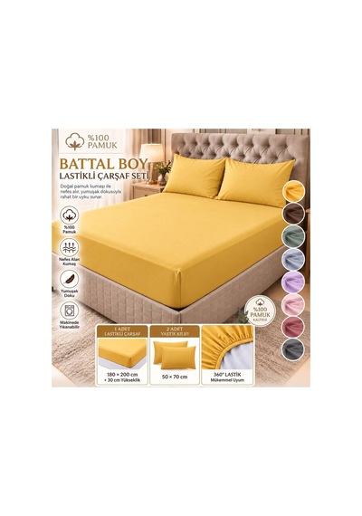 Slc Home%100 Pamuk Kumaş 180 X200 Cm Battal Boy Lastikli Çarşaf +2 Adet Yastık Kılıfı Sarı - 939447493 Sarı