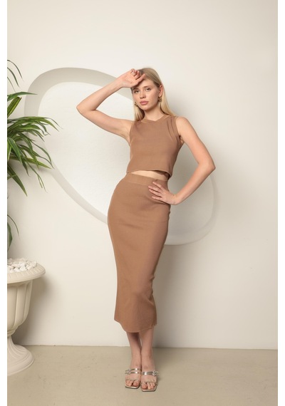Chıcnhappy Triko Kumaş Croplu Etek Kadın Takım Camel - %100 Polyester Camel