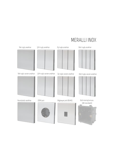 MERALLI INOX 2'li vavien anahtar, hakiki fırçalanmış paslanmaz çelik, çerçevesiz 86×86 Modüler  kasa dahil