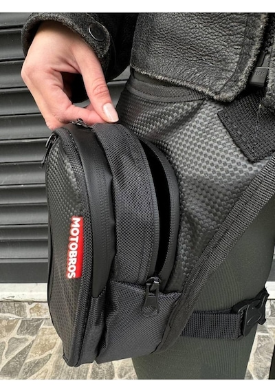 Motobros Karbon Desenli Deri Motosiklet Bacak Çantası, 3 Gözlü, Su Geçirmez Diğer