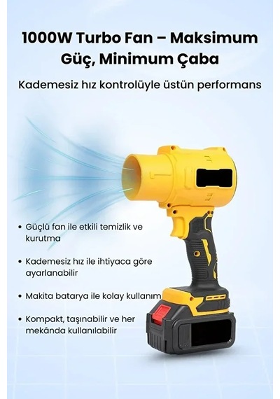 Ers 21v Kablosuz Hava Üfleyici 32.000rpm Turbo Fan, 12.000mah Batarya, Bahçe &amp Amp Araç Kurutma / Sarı