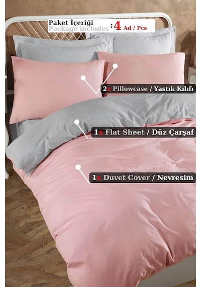 Eponj Home Ütülenir Nevresim Takımı Çift Kişilik Solid Pudra-gri Pembe