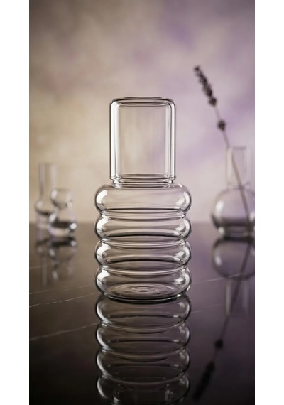 Borosilicat Cam Başucu Sürahisi Bardak Kapaklı Set 01
