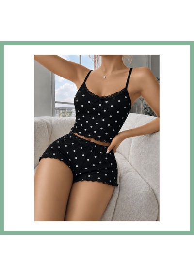 Bşkvirgo Kadın Siyah Puantiyeli Dantelli Yumuşak Askılı Şortlu Pijama Takımı 5268 Beden: S/m Renk: Siyah Bsk2026