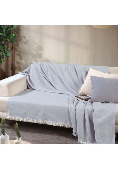 170 210 Cm Pamuklu Önden Saçaklı 170x210 Koltuk Örtüsü 2'li Paket Açık Gri