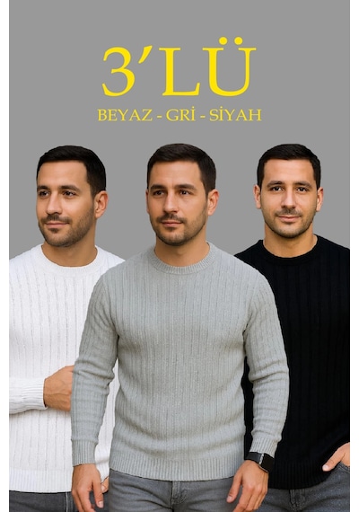 Barlashive Erkek Fitilli Triko Bisiklet Yaka Kalın Kazak 3'lü Set Beyaz-gri-siyah Çok Renkli