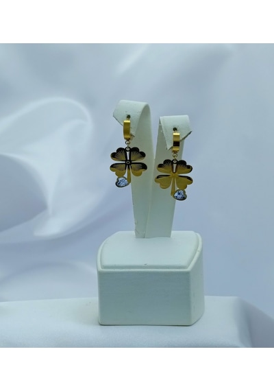 Yeni Sezon Paslanmaz Çelik Kalp'li Taşlı Yonca Altın Kaplama Küpe Gold