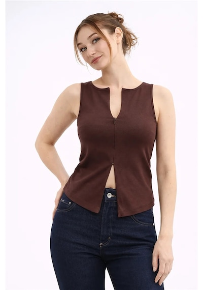 Fashion Friends Pamuklu Regular Fit Fermuarlı Yaka Bluz Bayan Bluz 26y0709k1 Kahve