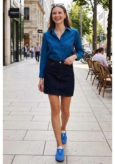 Tudors Kadın Slim Fit Dar Kesim Uzun Kollu Pamuklu Vücuda Oturan Dokulu Açık Petrol Basic Gömlek-38819