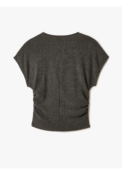 Koton Drape Detaylı Kısa Yarasa Kollu Bisiklet Yaka Slim Fit Dokulu Tişört Antrasit 5sak50156ek Antrasit