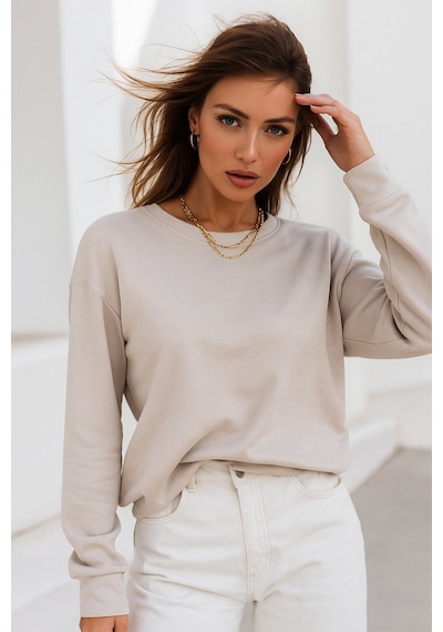 Kadın Bej Pamuklu İnterlock Oversize Sweatshirt Bej