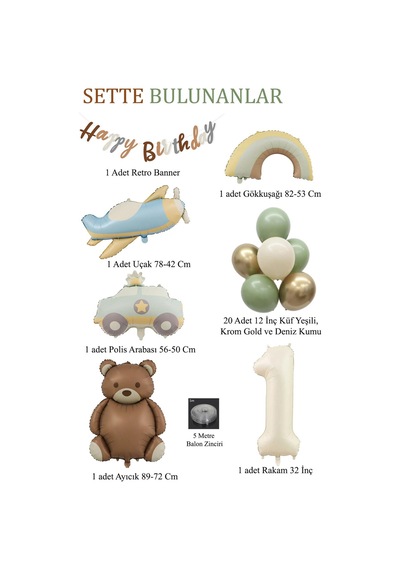 Retro 1 Yaş Doğum Günü Seti Uçak, Araba, Gökkuşağı, Ayıcık Ve 10 Balon Set Çok Renkli