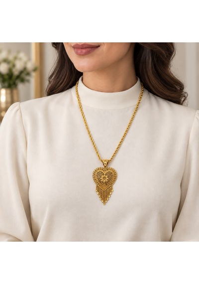 Gold Renk Kalp Motifli Püsküllü Taşsız Hint İşi Halat Zincir Kadın Kolye 60+5 Cm Renkli