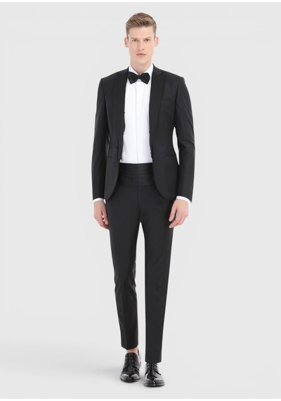 Ramsey Siyah Düz Fashion Slim Fit Kruvaze Yaka Dokuma Smokin Takım Elbise