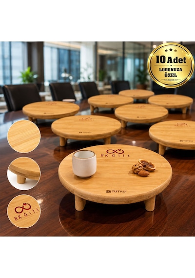 Logonuza Özel 10 Adet Ayaklı Bambu Sunumluk 24x24x6,5 Cm Kurumsal Sunum Tepsisi Bej