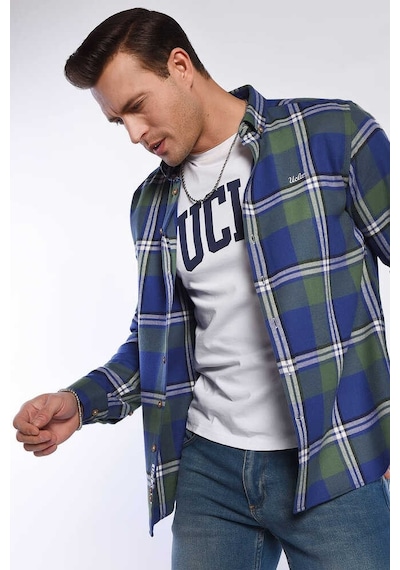 Ucla Lark Koyu Lacivert Nakışlı Ekoseli Standard Fit Erkek Gömlek Koyu Lacivert