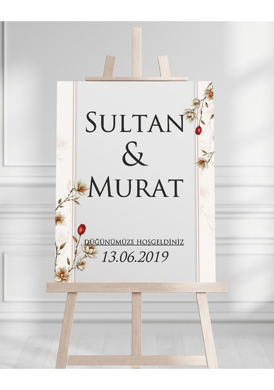Söz Nişan Düğün İçin 50x70 Karşılama Panosu - Renkli Çiçek Desenli 02 Beyaz