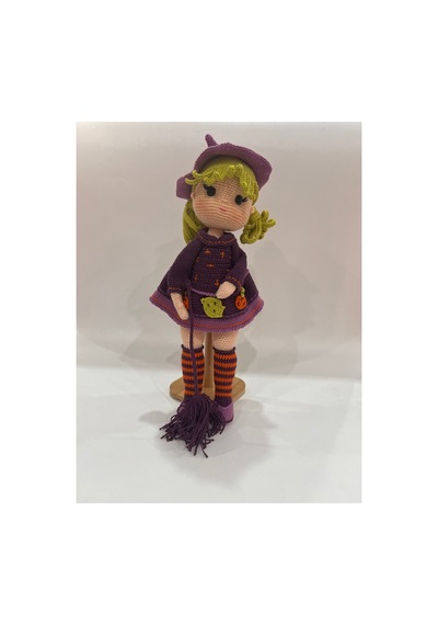 El Örgüsü Amigurumi Cadı Kız Bebek 41 Cm Halloween Dekorasyon & Çocuk Hediyesi Mor
