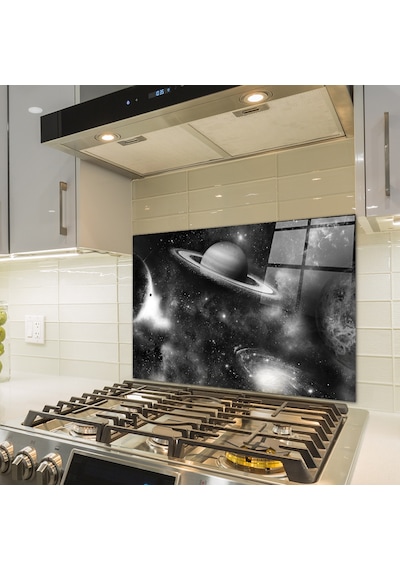 Decorita Cam Ocak Arkası Koruyucu Galaksi Desen Siyah - Beyaz Fon 49.5 x 76 CM