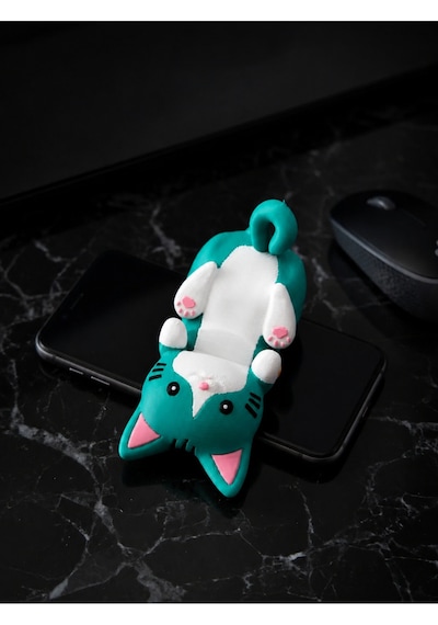 Yeşil Kedi Figürlü Telefon Tutucu Stand - 3d Baskı Ofis Masaüstü Aksesuarı Ve Biblo