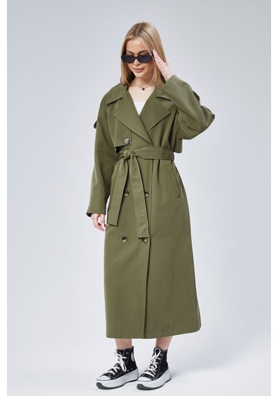 Kadın Oversize Astarlı Uzun Trençkot Haki