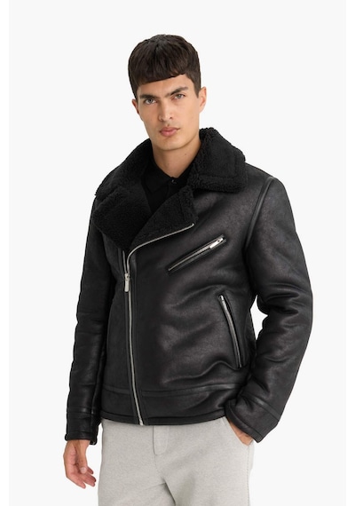 Defacto Slim Fit Dar Kesim Suni Kürk Astarlı Fermuarlı Cepli Süet Deri Kışlık Ceket Mont C5636ax25wnbk27 Siyah-bk27