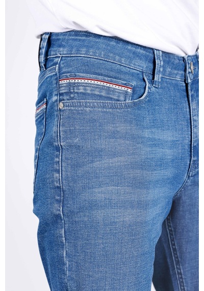 HLT Jeans Erkek Şerit Detaylı Mavi Regular Fit Boru Paça Esnek Likralı Jeans Kot Pantolon Hlthe001964 Beyaz - Mavi
