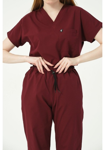 Bordo Likralı Jogger Paça Doktor Hemşire Forması Tek Alt Unisex